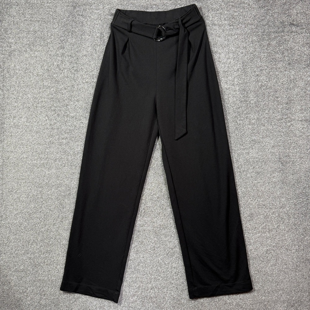 Saint + Sofia Black Wide Leg Belted Trousers Size 2 High Rise Pleated Pants